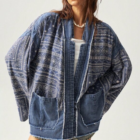 Blue Casual Women's Vacation Loose Drop Shoulder Jacket - Picture 8 of 8